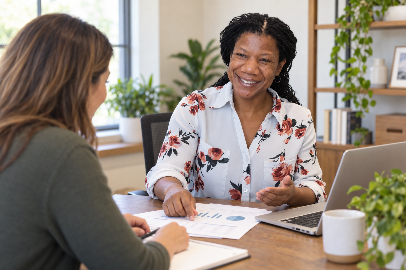 Desireé walking a client through financial reports at a shared desk